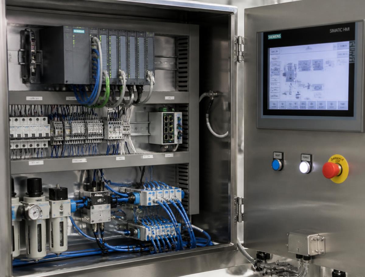 Painel de controle industrial com CLP, componentes pneumáticos e IHM